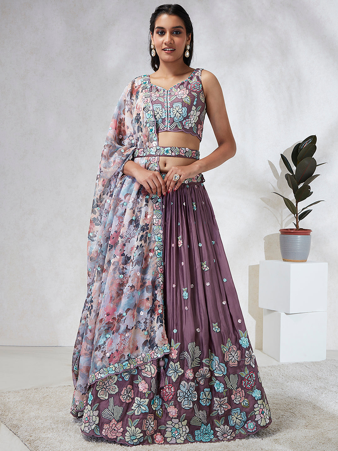 Captivating Lavender Sequinned Lehenga Choli Set with Thread Embroidery & Multicolor Dupatta