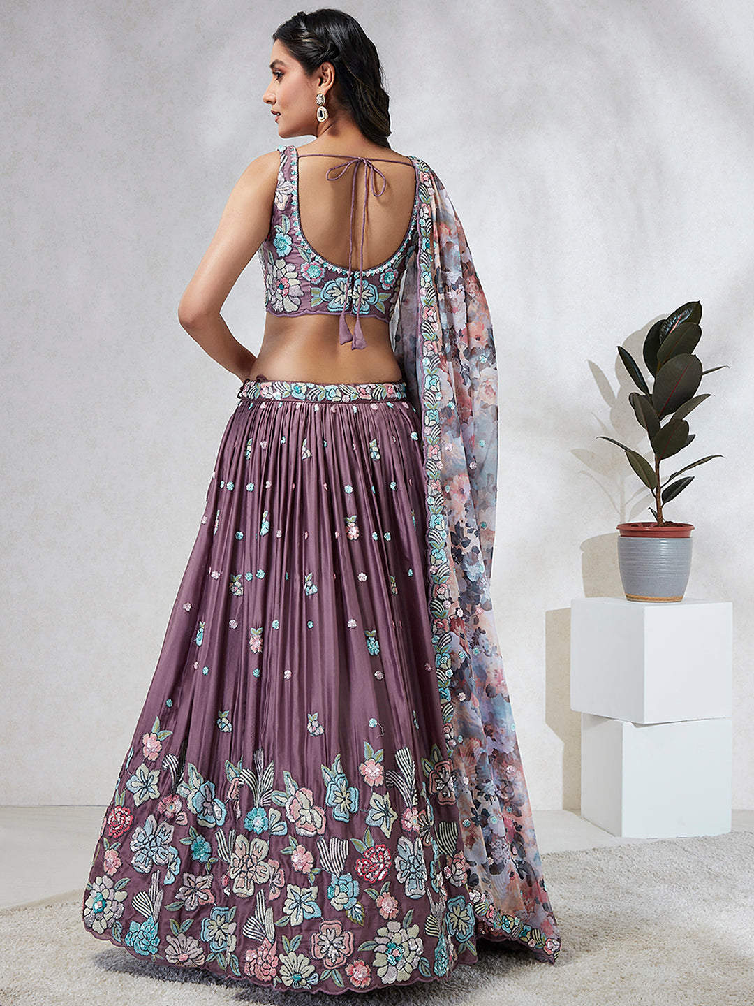 Captivating Lavender Sequinned Lehenga Choli Set with Thread Embroidery & Multicolor Dupatta