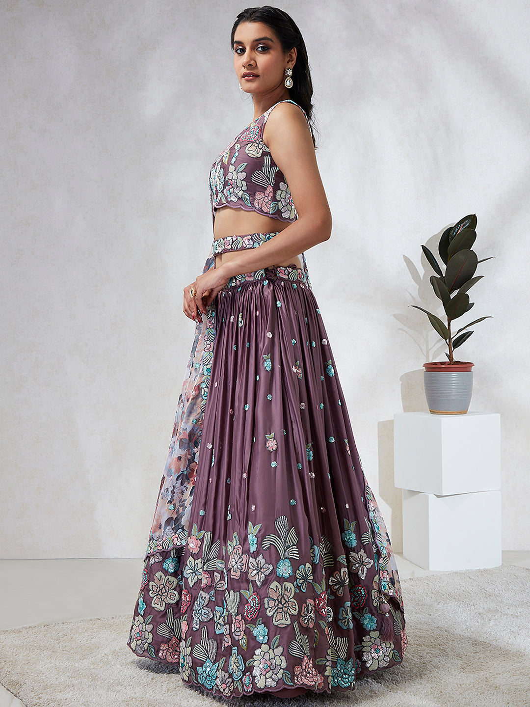 Captivating Lavender Sequinned Lehenga Choli Set with Thread Embroidery & Multicolor Dupatta