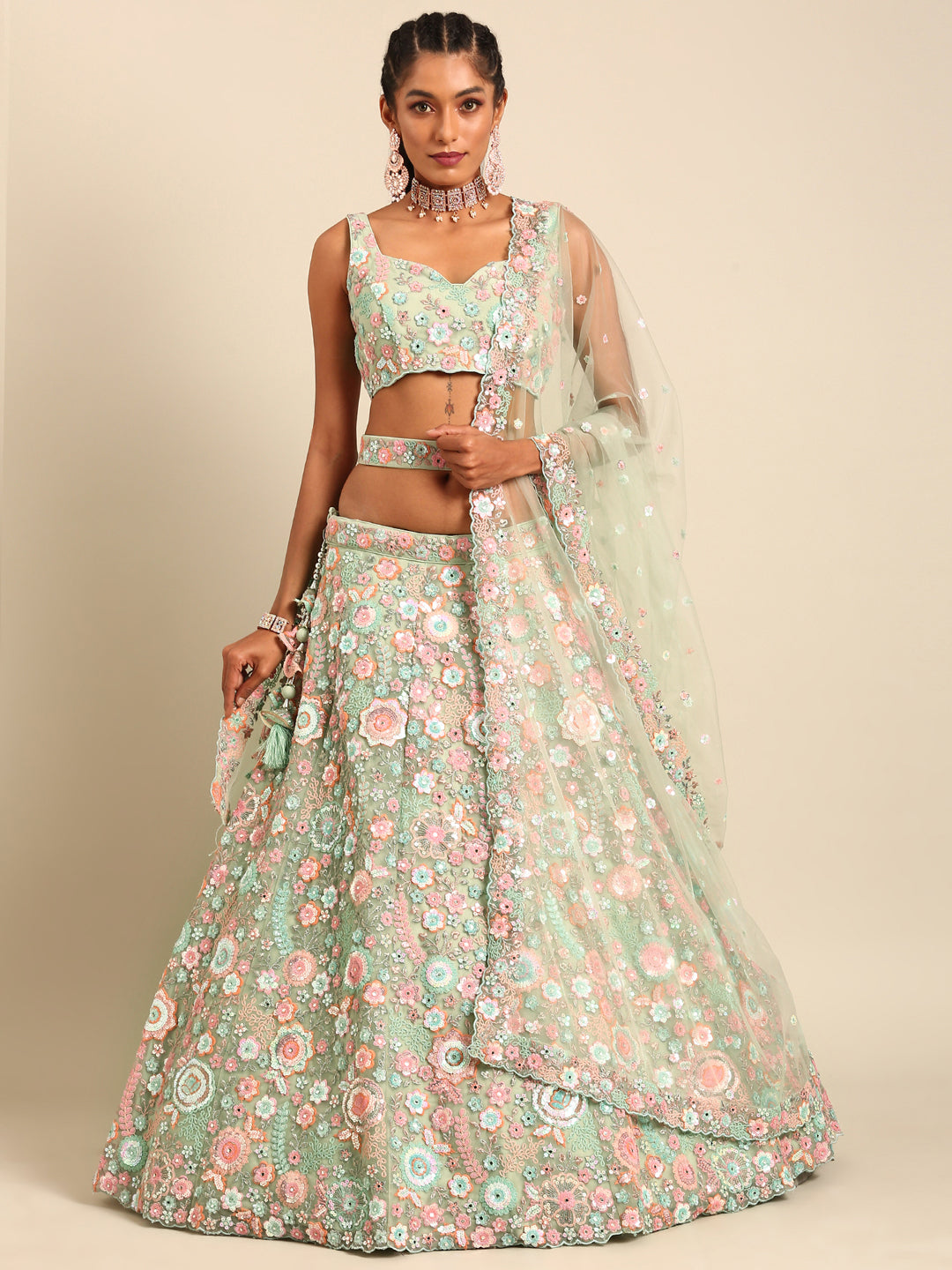Captivating Lime Green Sequin Lehenga Choli Dupatta Set - Mesmerize with Mirrorwork and Thread Embroidery