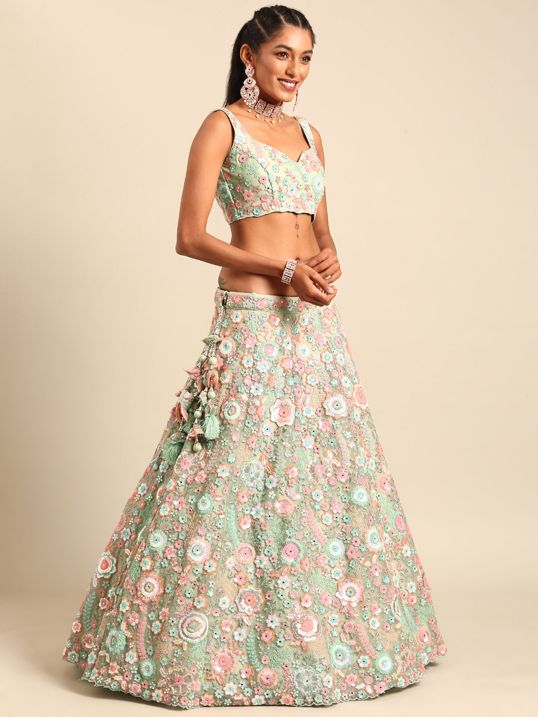 Captivating Lime Green Sequin Lehenga Choli Dupatta Set - Mesmerize with Mirrorwork and Thread Embroidery