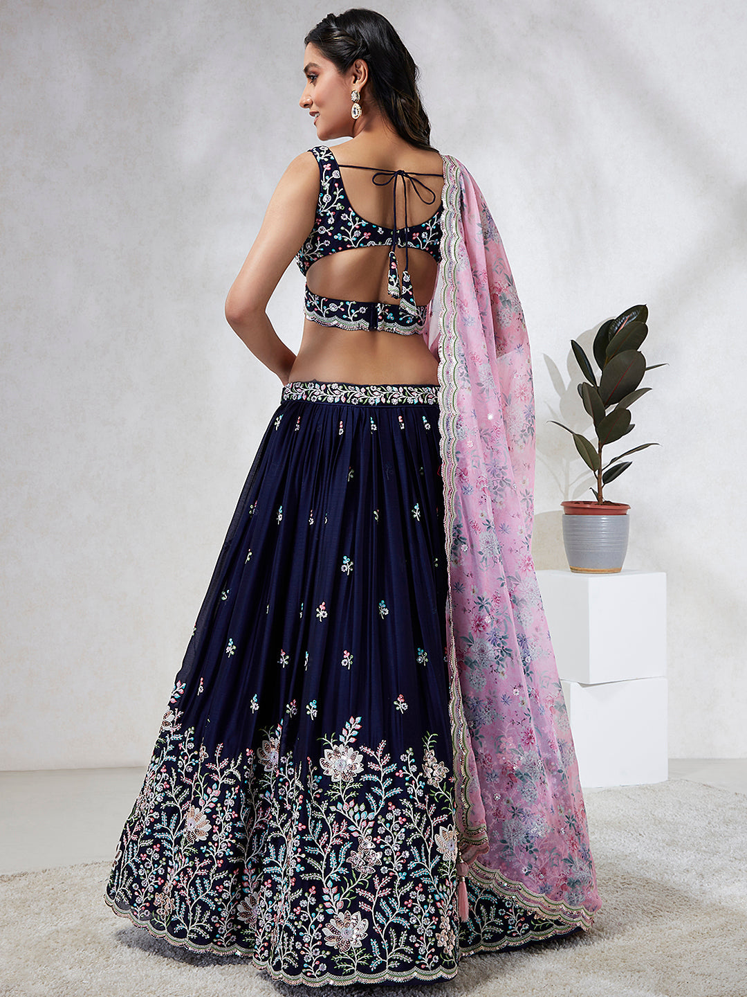 Captivating Navy Blue Sequinned Lehenga Choli Set with Mirror Work & Embroidery
