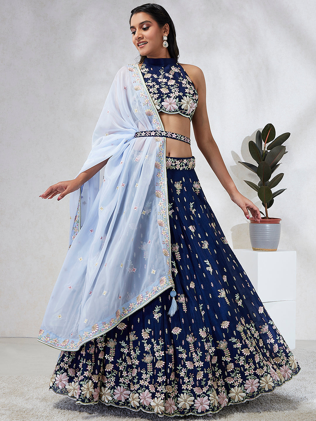Captivating Navy Blue Sequinned Lehenga Choli Set with Thread Embroidery & Organza Dupatta
