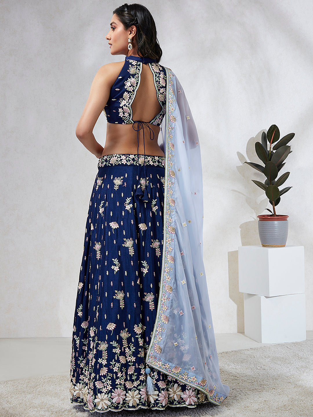 Captivating Navy Blue Sequinned Lehenga Choli Set with Thread Embroidery & Organza Dupatta