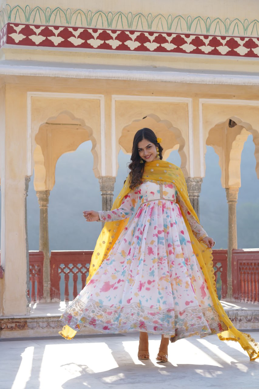 Captivating Off White Premium Readymade Gown with Embroidered Dupatta Set