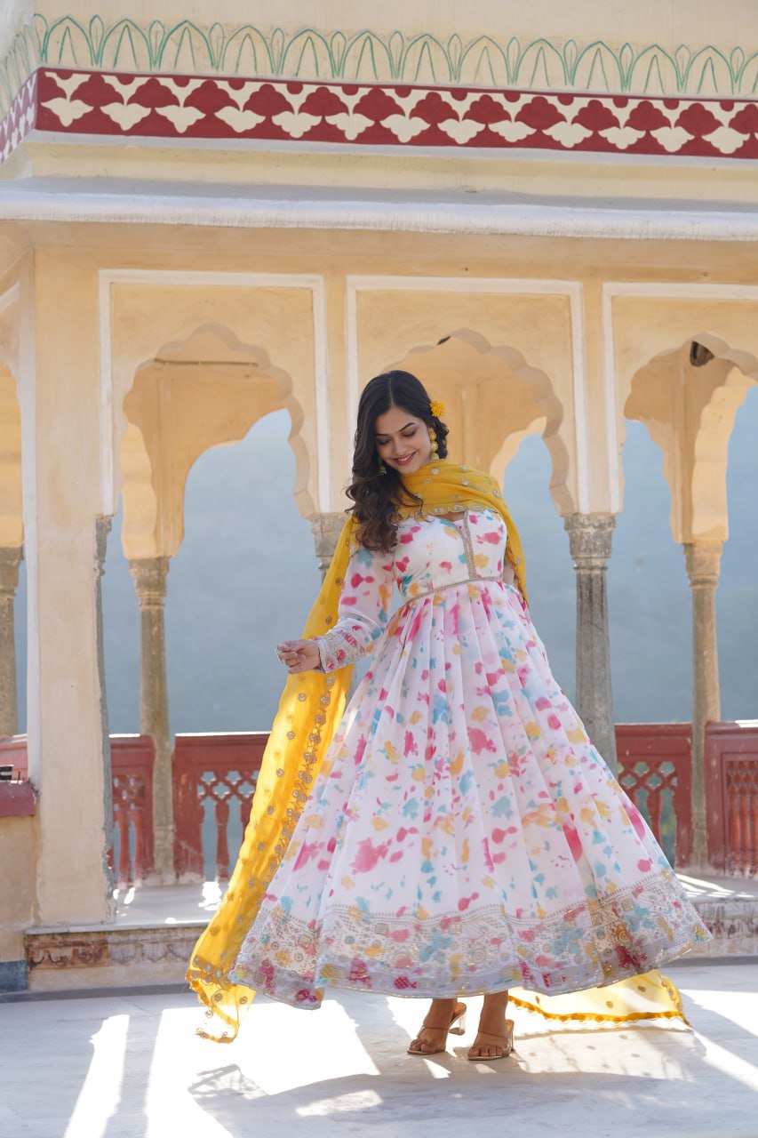 Captivating Off White Premium Readymade Gown with Embroidered Dupatta Set