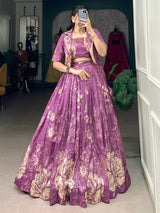 Captivating Purple Printed Festival Wear Crop Top Lehenga With Jacket
