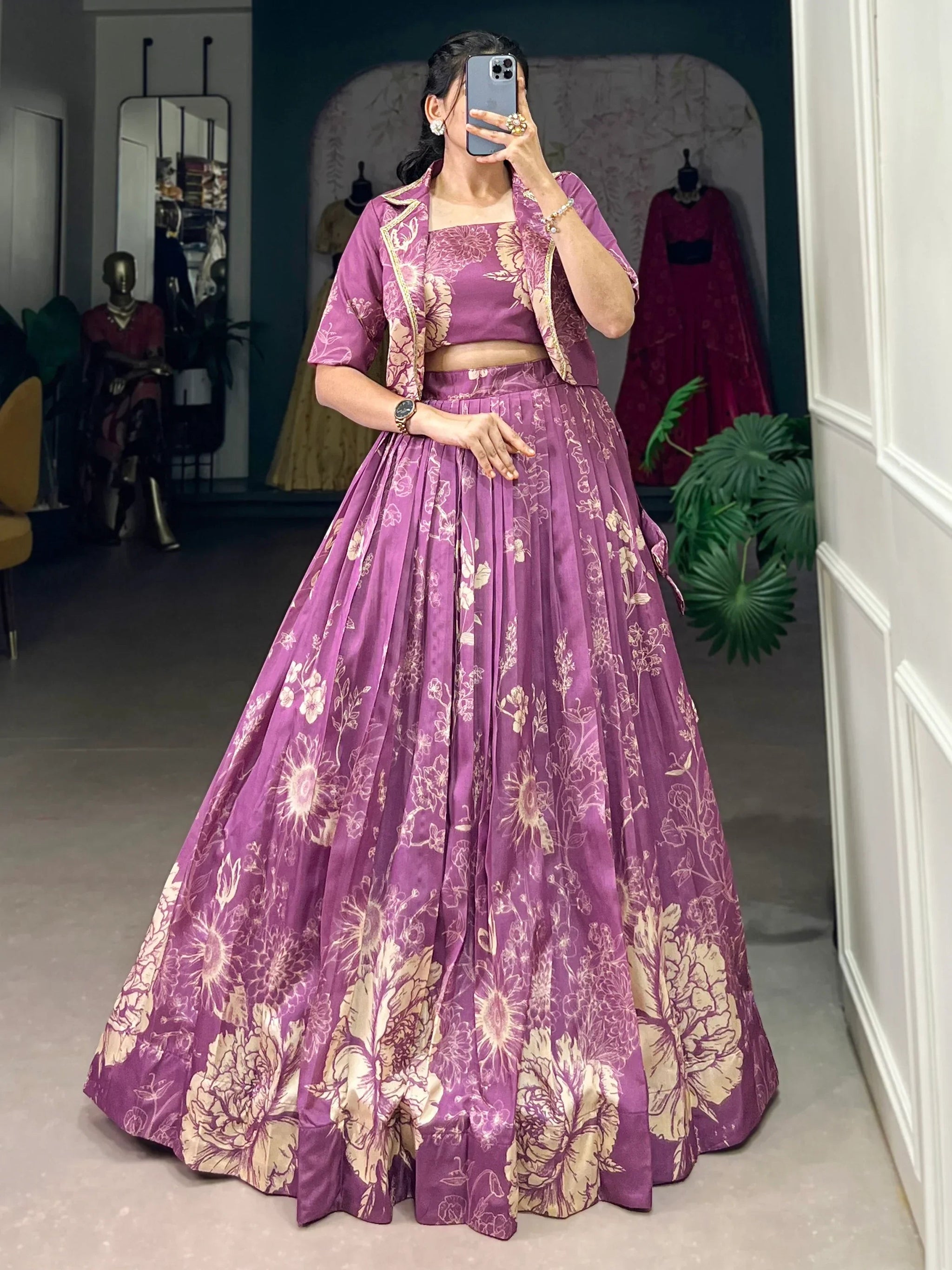 Captivating Purple Printed Festival Wear Crop Top Lehenga With Jacket