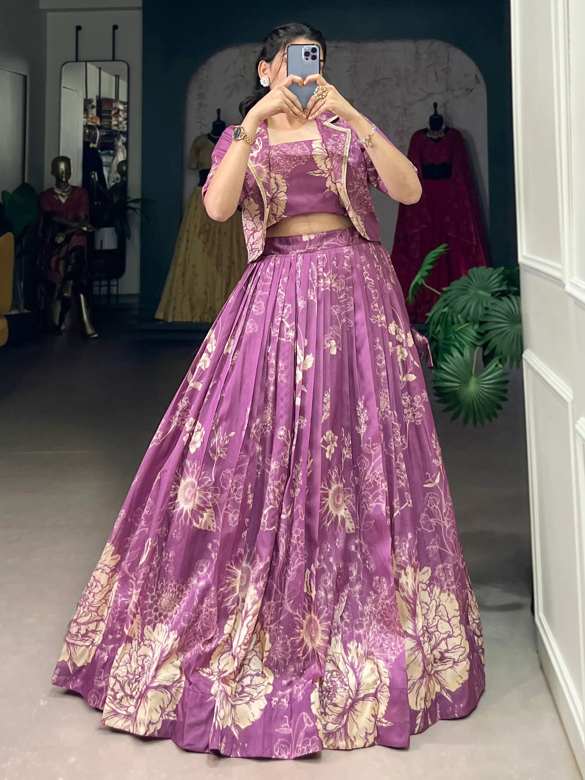 Captivating Purple Printed Festival Wear Crop Top Lehenga With Jacket
