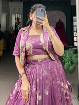 Captivating Purple Printed Festival Wear Crop Top Lehenga With Jacket