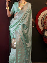 Captivating Sky-Blue Handloom Weaving Satin Saree With Blouse