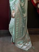 Captivating Sky-Blue Handloom Weaving Satin Saree With Blouse