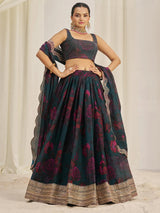Captivating Teal Green Printed Organza Event Wear Lehenga Choli