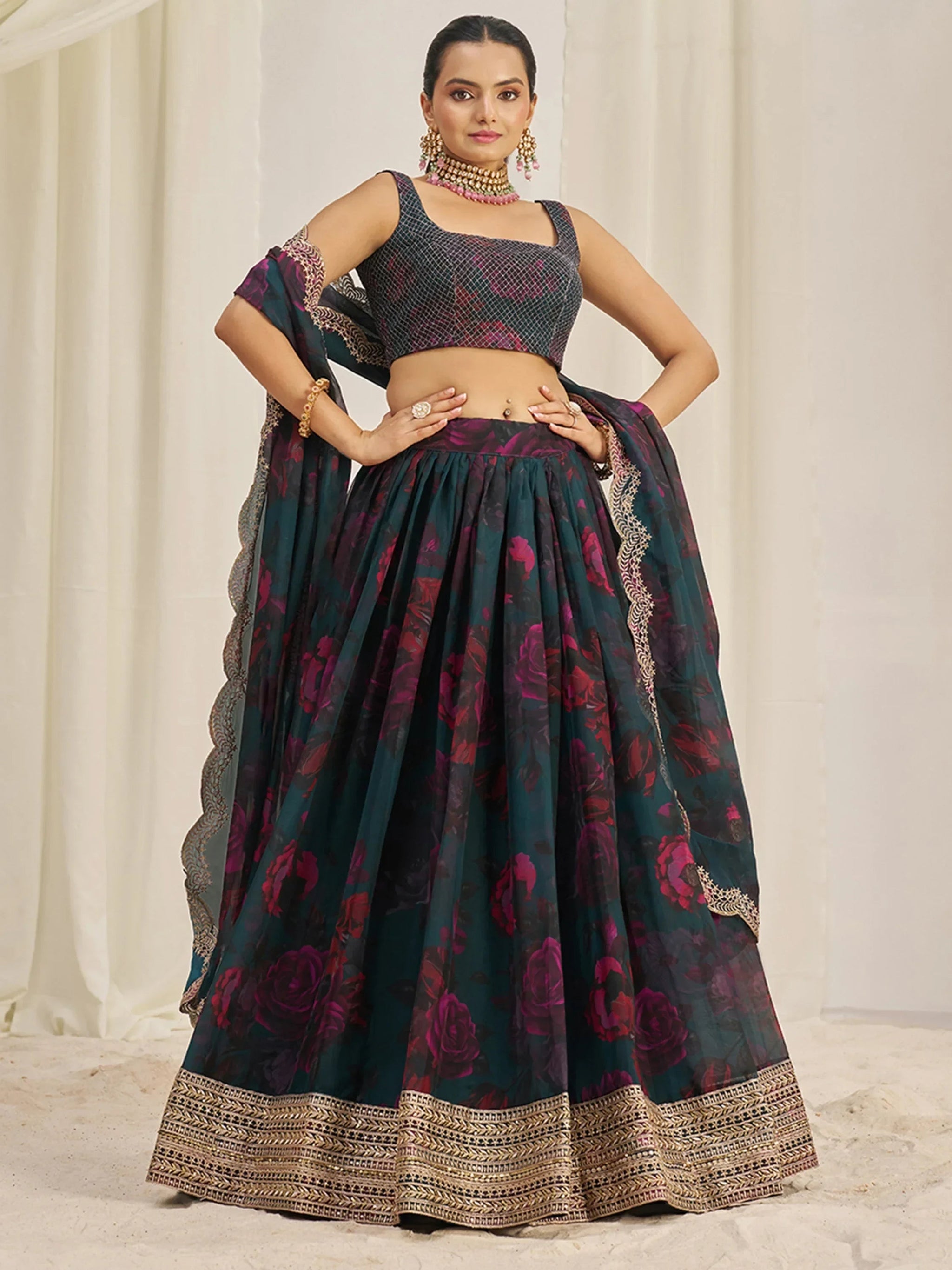 Captivating Teal Green Printed Organza Event Wear Lehenga Choli