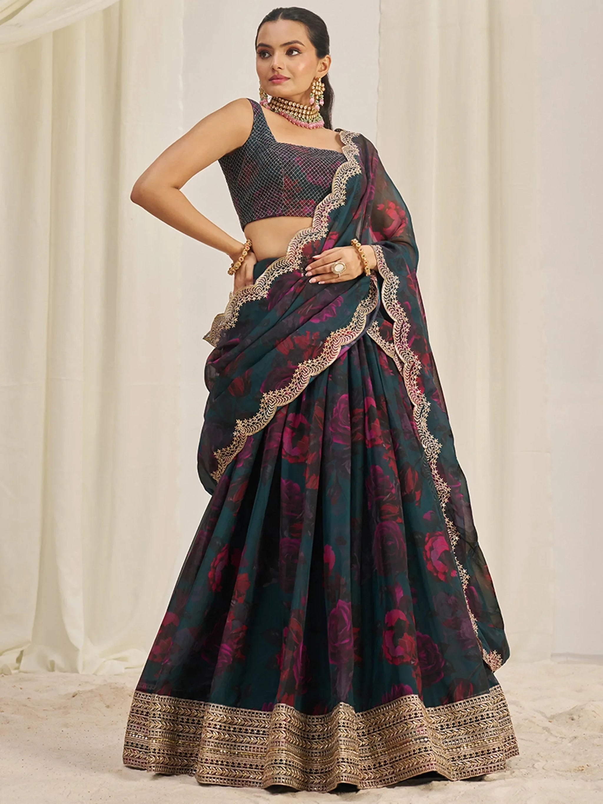 Captivating Teal Green Printed Organza Event Wear Lehenga Choli