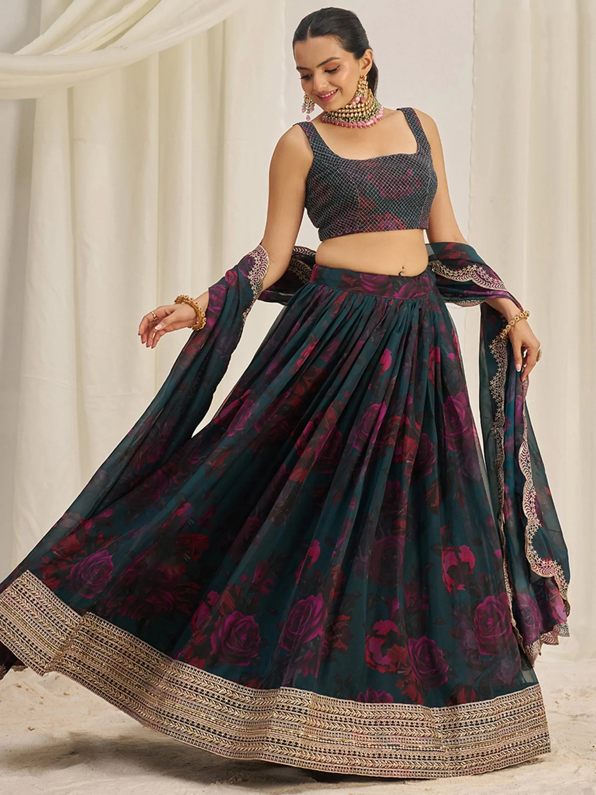 Captivating Teal Green Printed Organza Event Wear Lehenga Choli