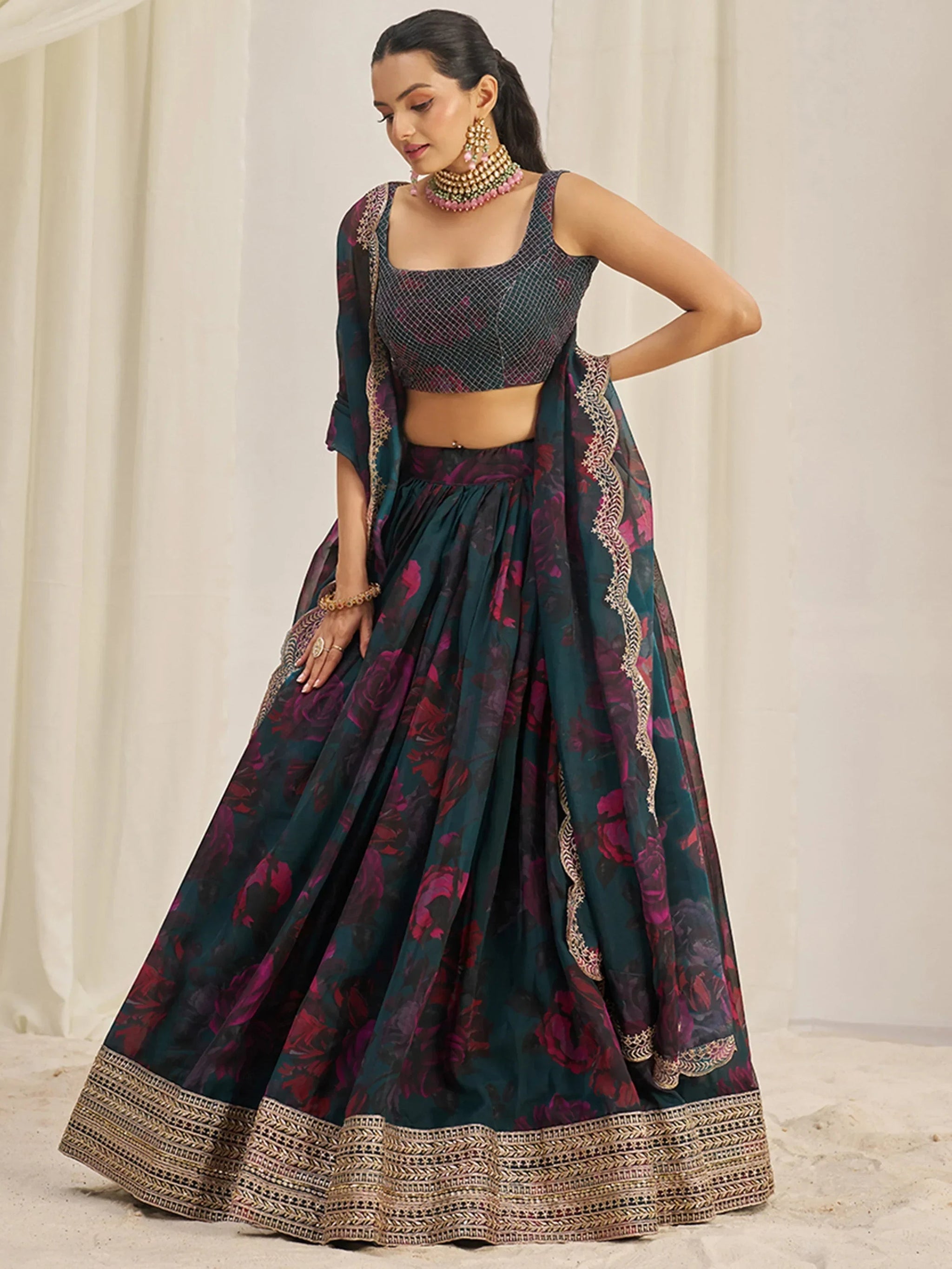 Captivating Teal Green Printed Organza Event Wear Lehenga Choli