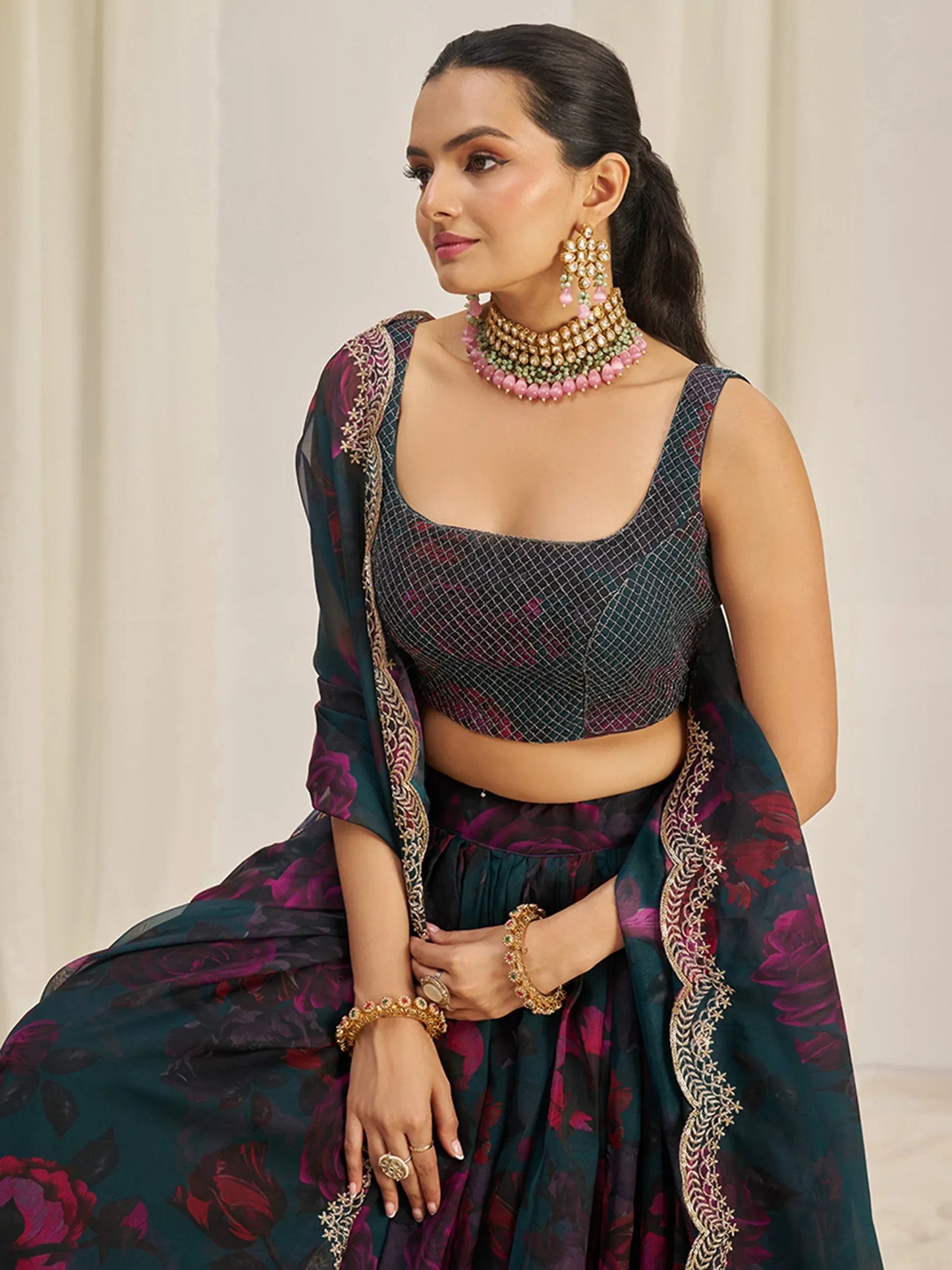 Captivating Teal Green Printed Organza Event Wear Lehenga Choli