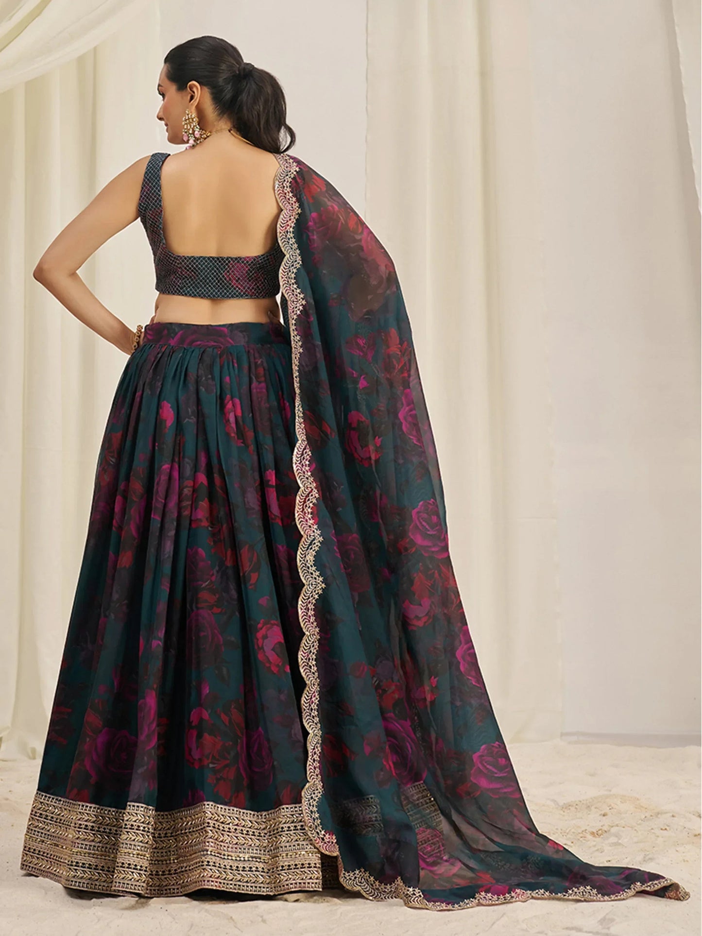 Captivating Teal Green Printed Organza Event Wear Lehenga Choli
