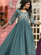 Captivating Teal Green Sequins Work Georgette Festive Wear Gown