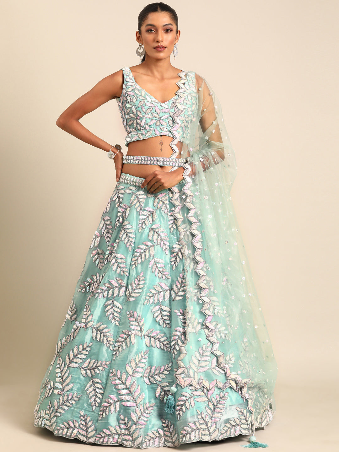 Captivating Turquoise Blue Organza Lehenga Choli Set with Sequin & Zarkan Embroidery