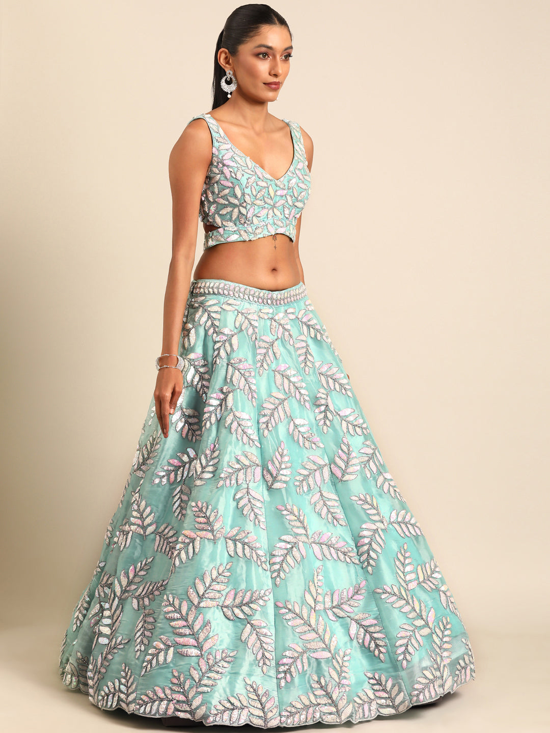 Captivating Turquoise Blue Organza Lehenga Choli Set with Sequin & Zarkan Embroidery