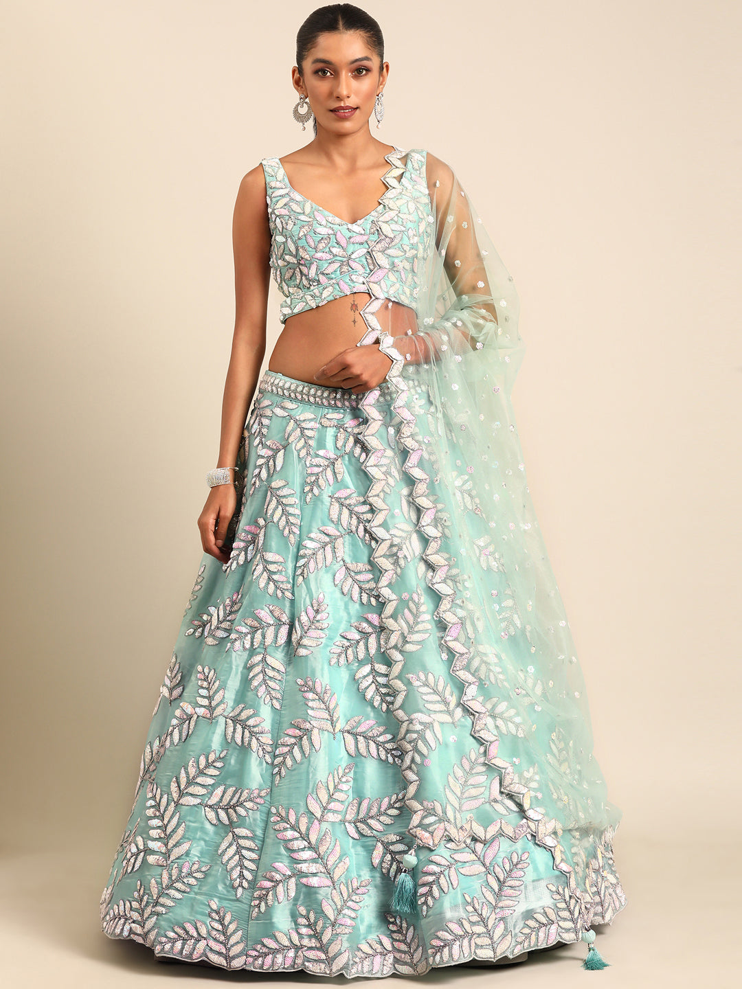 Captivating Turquoise Blue Organza Lehenga Choli Set with Sequin & Zarkan Embroidery