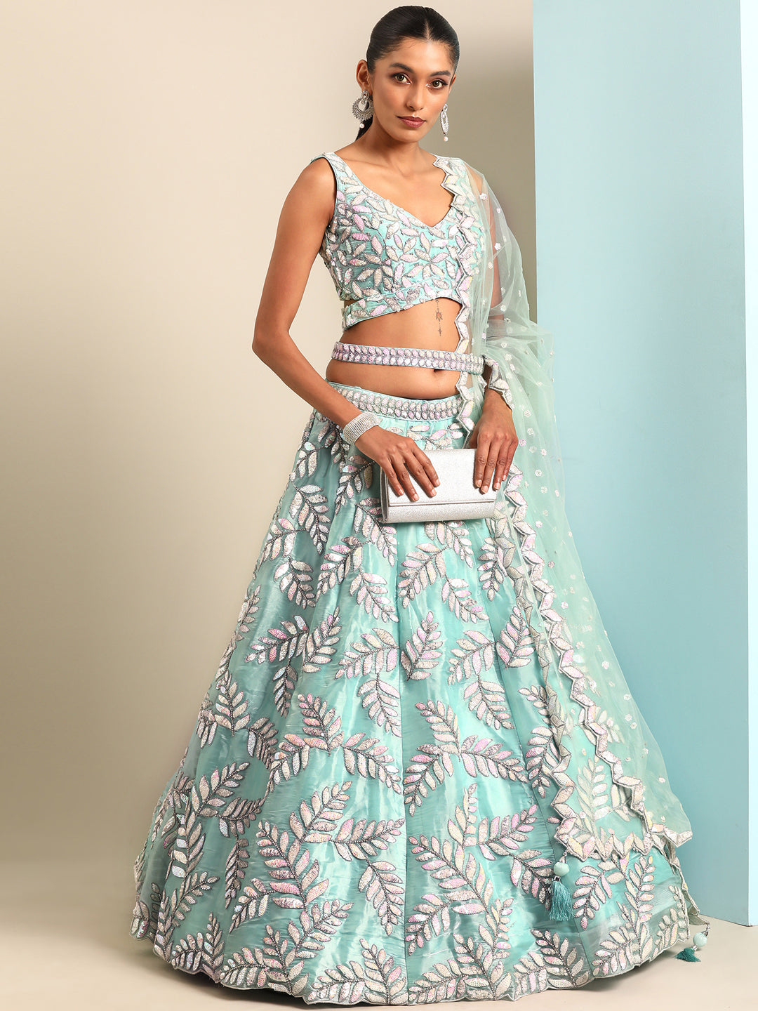 Captivating Turquoise Blue Organza Lehenga Choli Set with Sequin & Zarkan Embroidery