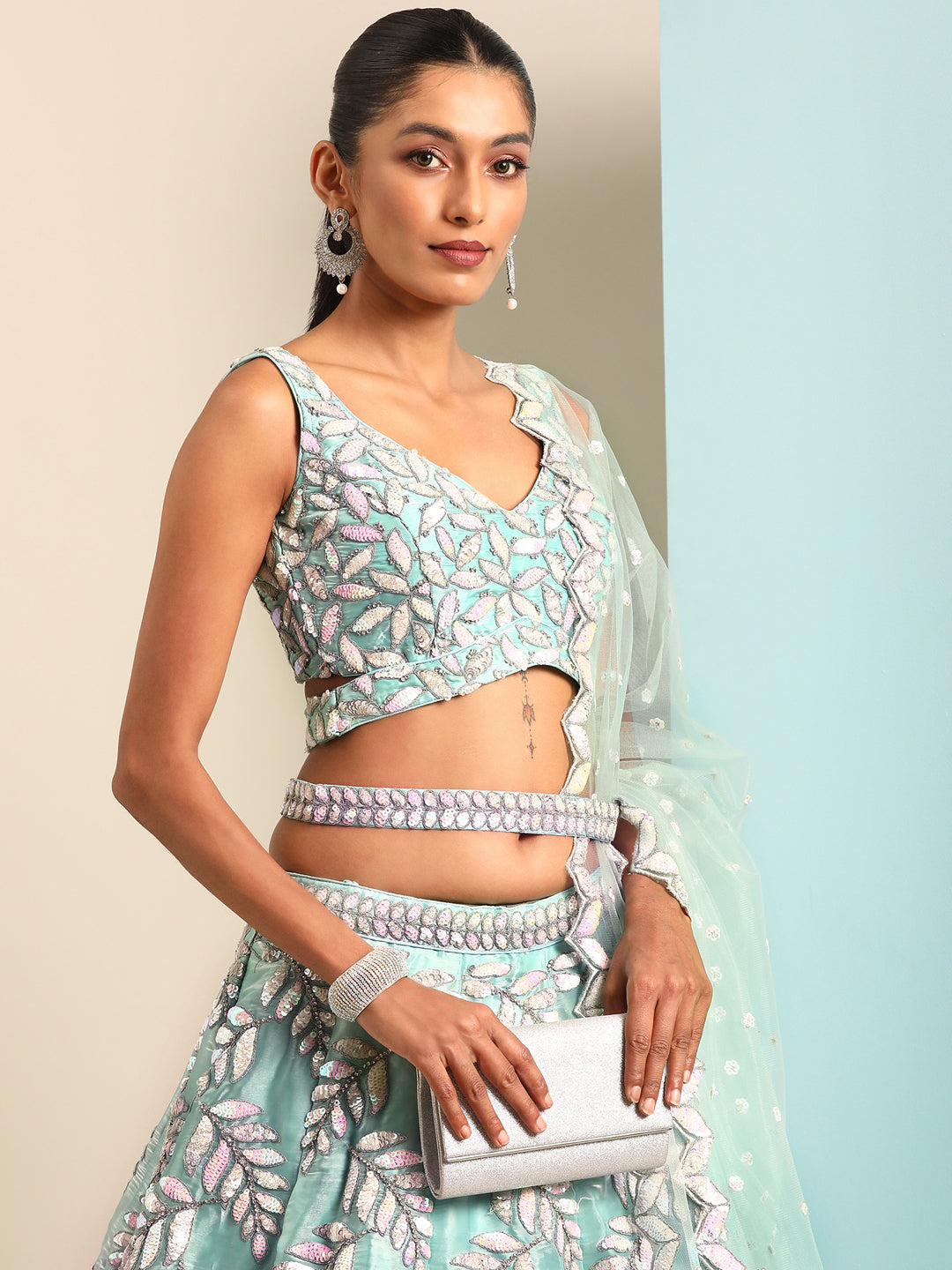 Captivating Turquoise Blue Organza Lehenga Choli Set with Sequin & Zarkan Embroidery