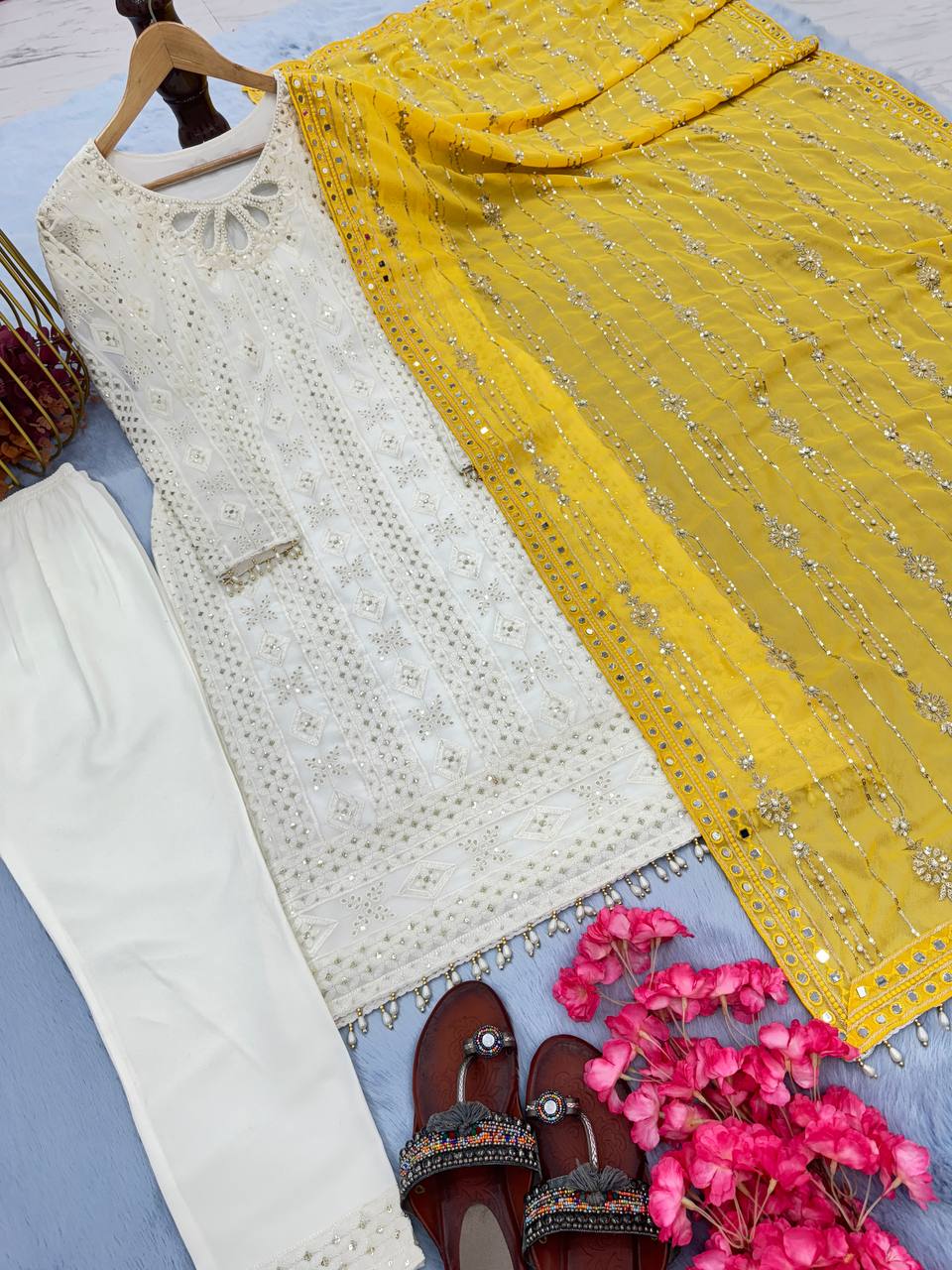 Captivating White Designer Party Wear Heavy Faux Georgette Top, Palazzo & Dupatta Set