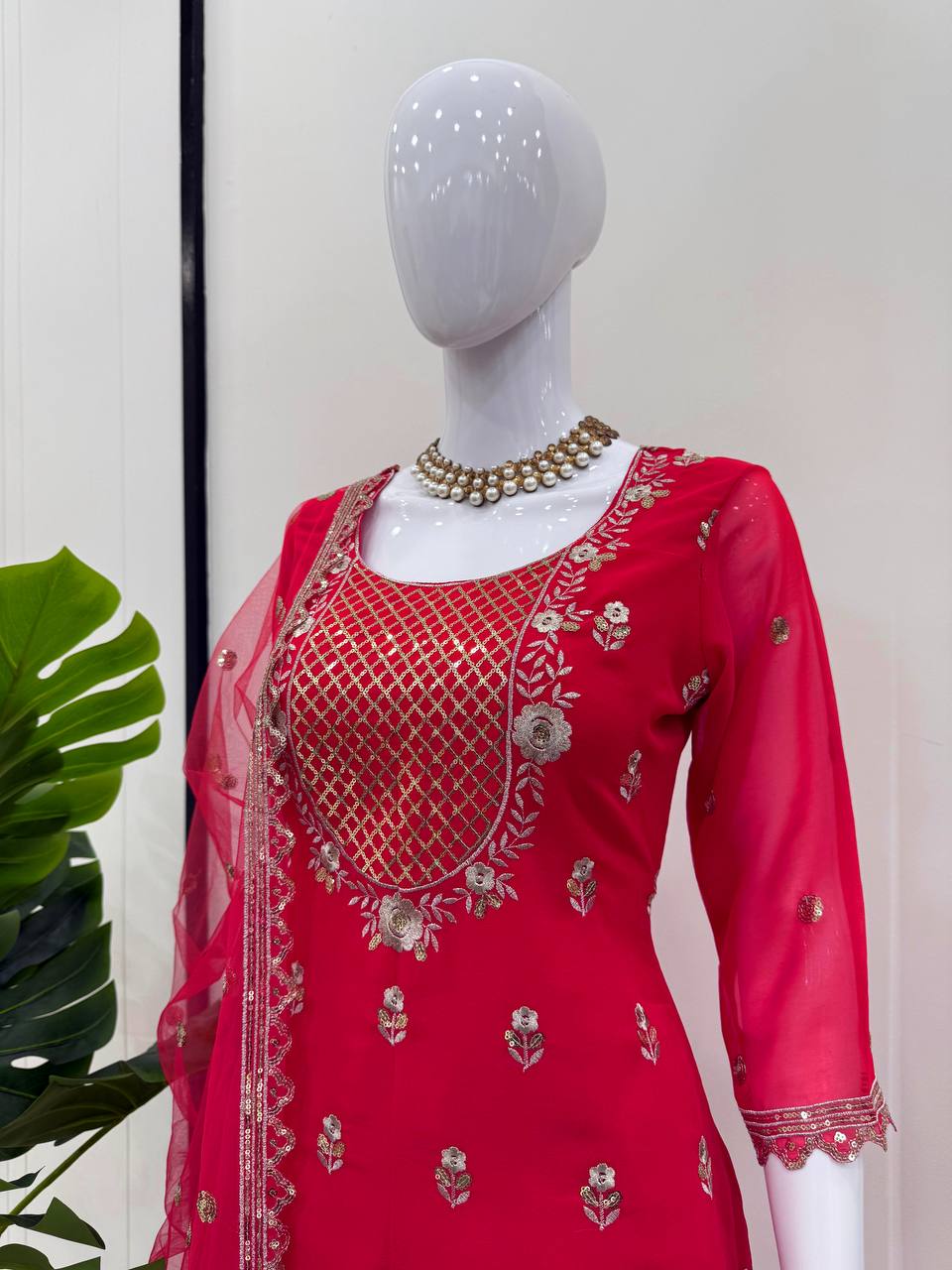 Carmine Red Elegant Faux Georgette 3-Piece Sharara Set with Thread & Sequin Work
