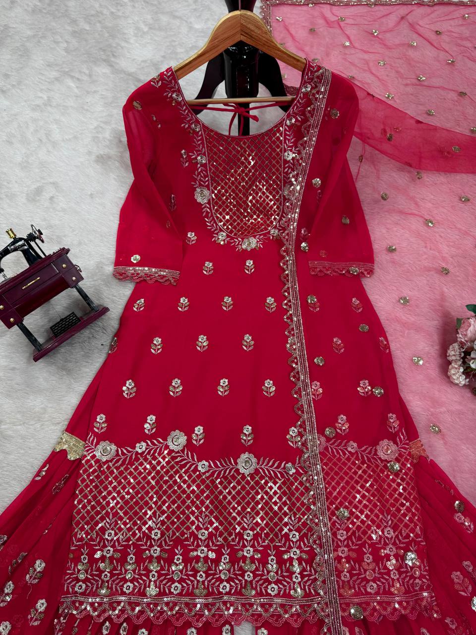 Carmine Red Elegant Faux Georgette 3-Piece Sharara Set with Thread & Sequin Work