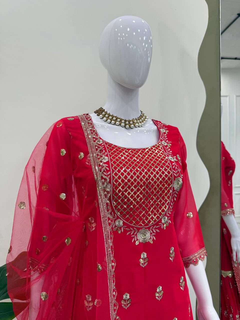 Carmine Red Elegant Faux Georgette 3-Piece Sharara Set with Thread & Sequin Work