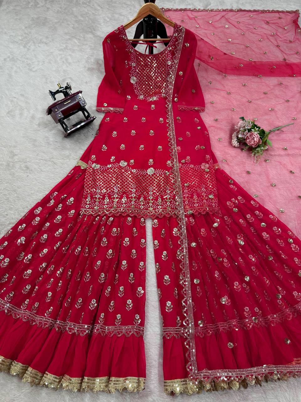 Carmine Red Elegant Faux Georgette 3-Piece Sharara Set with Thread & Sequin Work