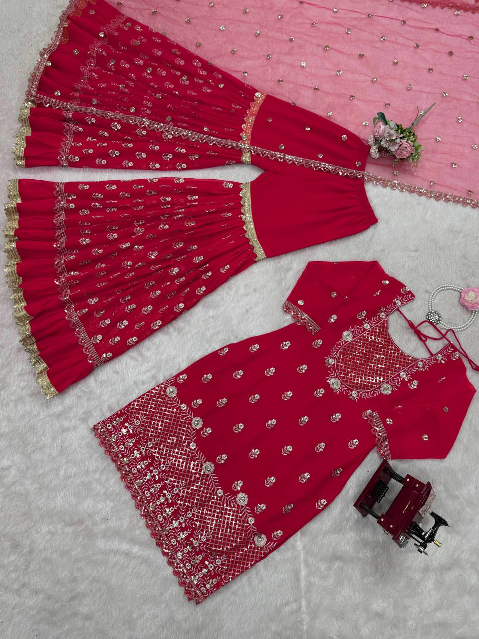Carmine Red Elegant Faux Georgette 3-Piece Sharara Set with Thread & Sequin Work