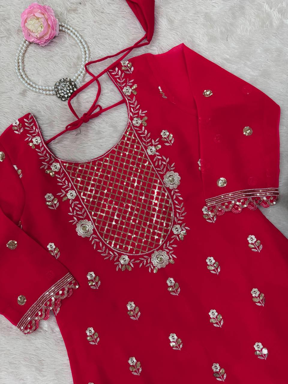 Carmine Red Elegant Faux Georgette 3-Piece Sharara Set with Thread & Sequin Work