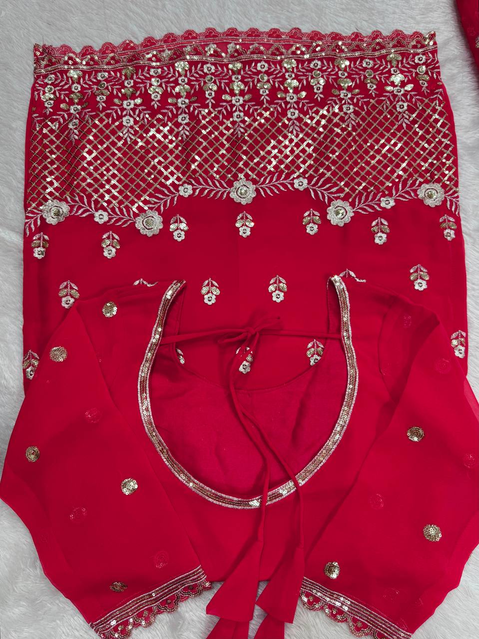 Carmine Red Elegant Faux Georgette 3-Piece Sharara Set with Thread & Sequin Work