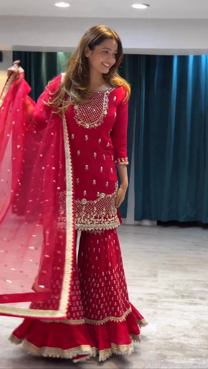 Carmine Red Elegant Faux Georgette 3-Piece Sharara Set with Thread & Sequin Work