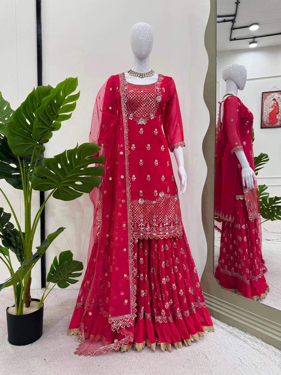 Carmine Red Elegant Faux Georgette 3-Piece Sharara Set with Thread & Sequin Work