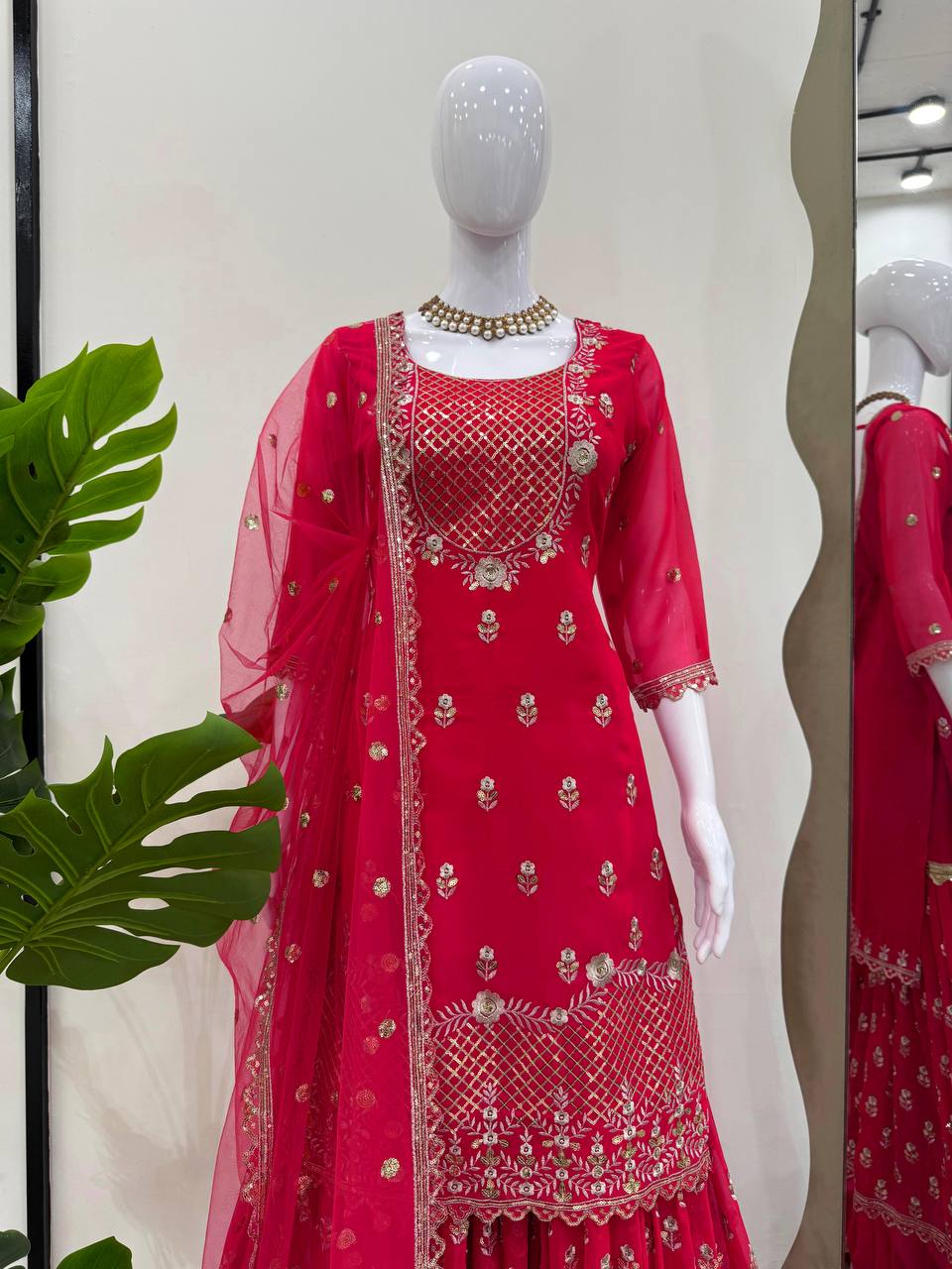Carmine Red Elegant Faux Georgette 3-Piece Sharara Set with Thread & Sequin Work