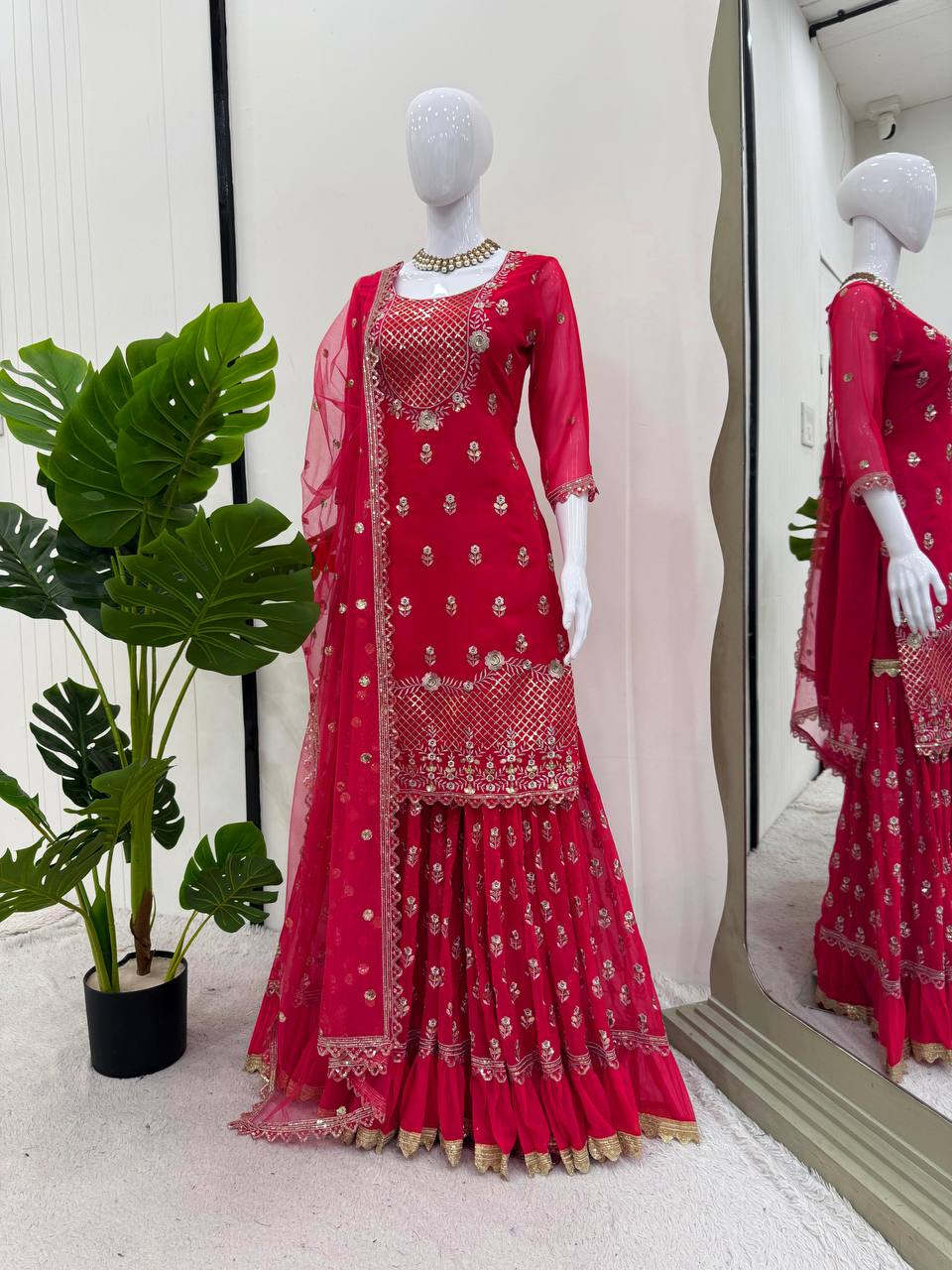 Carmine Red Elegant Faux Georgette 3-Piece Sharara Set with Thread & Sequin Work