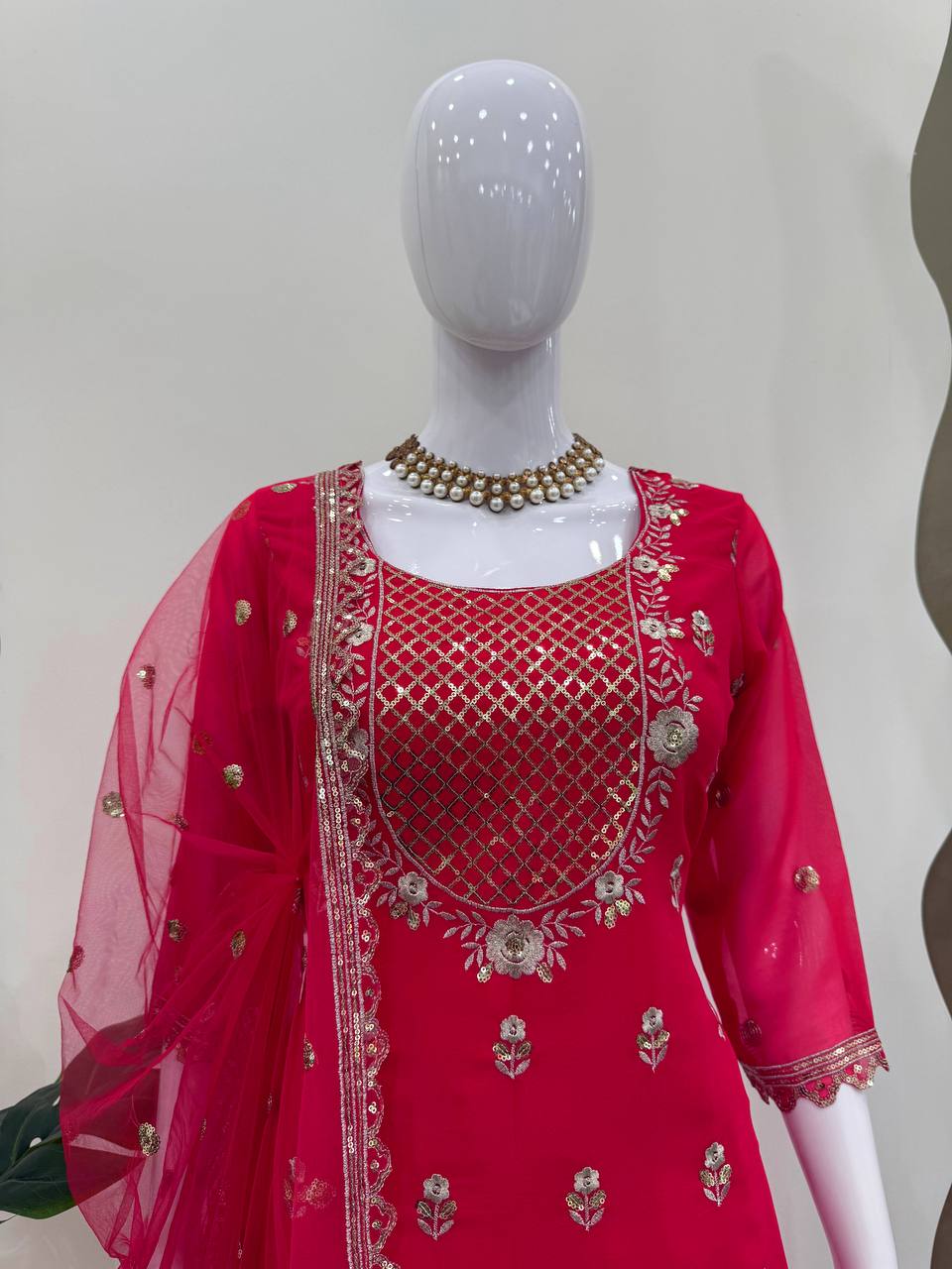 Carmine Red Elegant Faux Georgette 3-Piece Sharara Set with Thread & Sequin Work