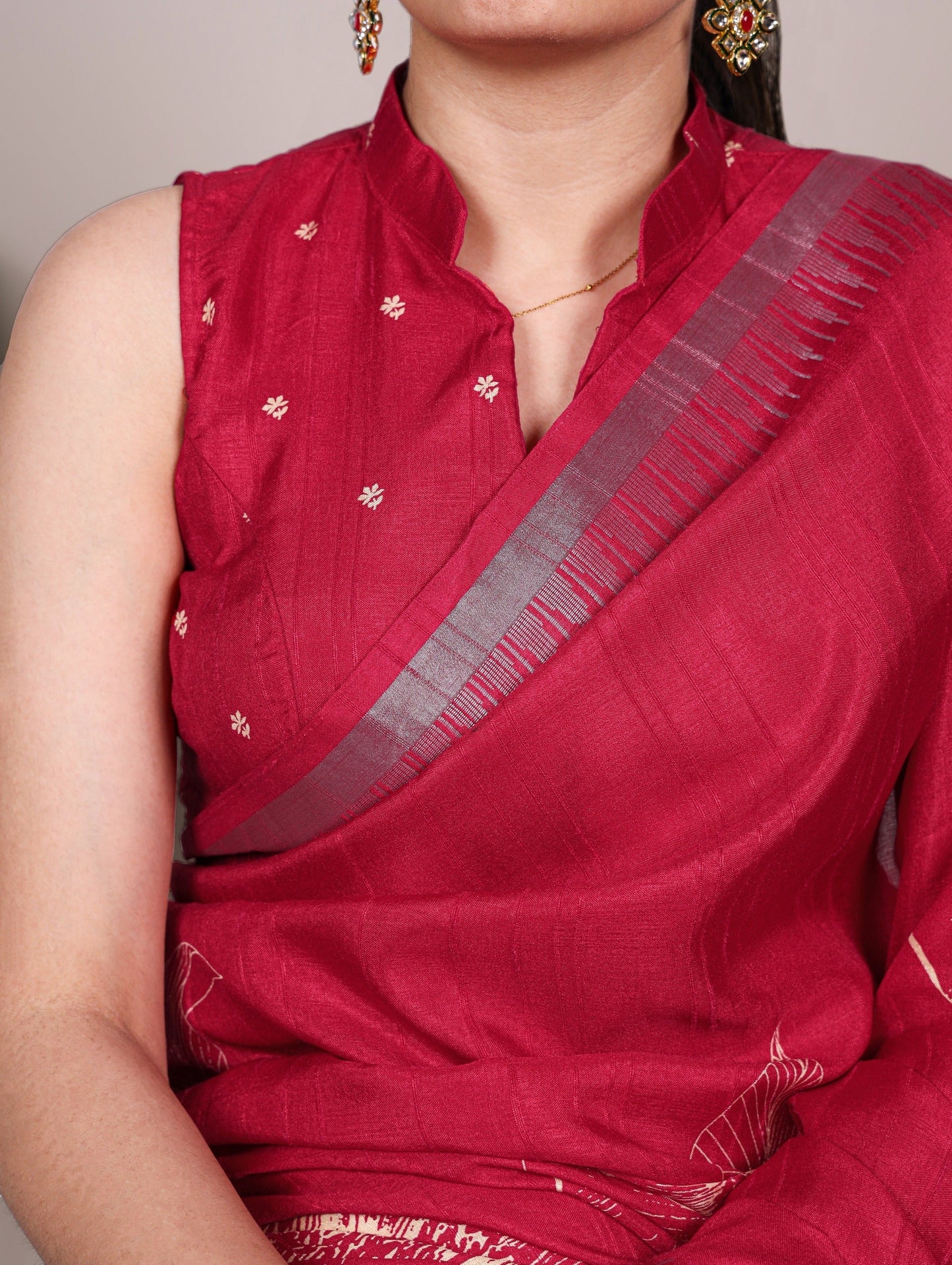 Carmine Red Silk Floral Printed Saree
