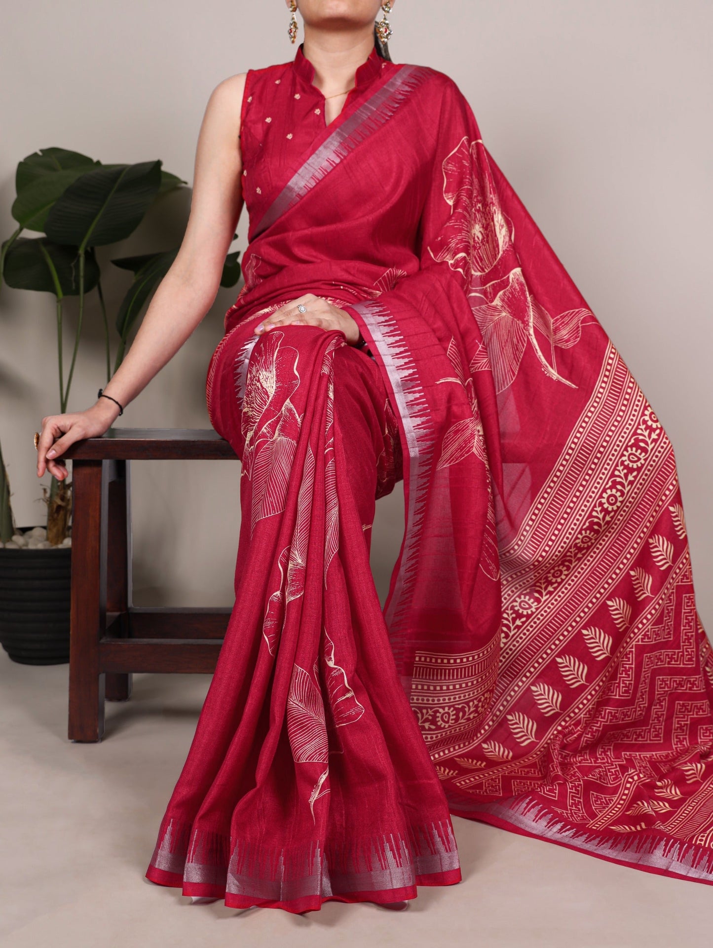Carmine Red Silk Floral Printed Saree