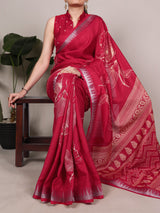 Carmine Red Silk Floral Printed Saree