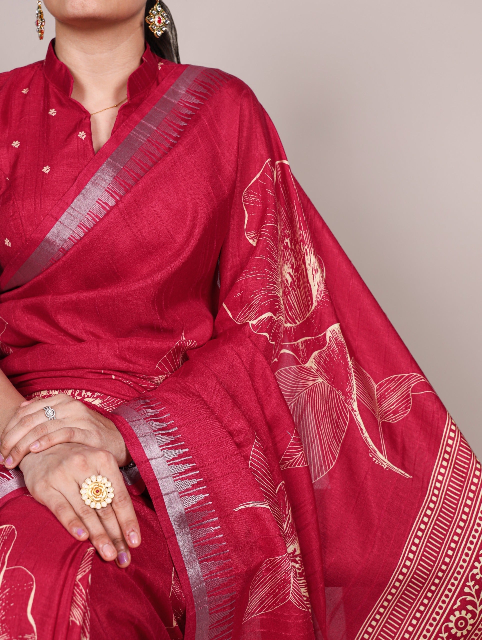 Carmine Red Silk Floral Printed Saree