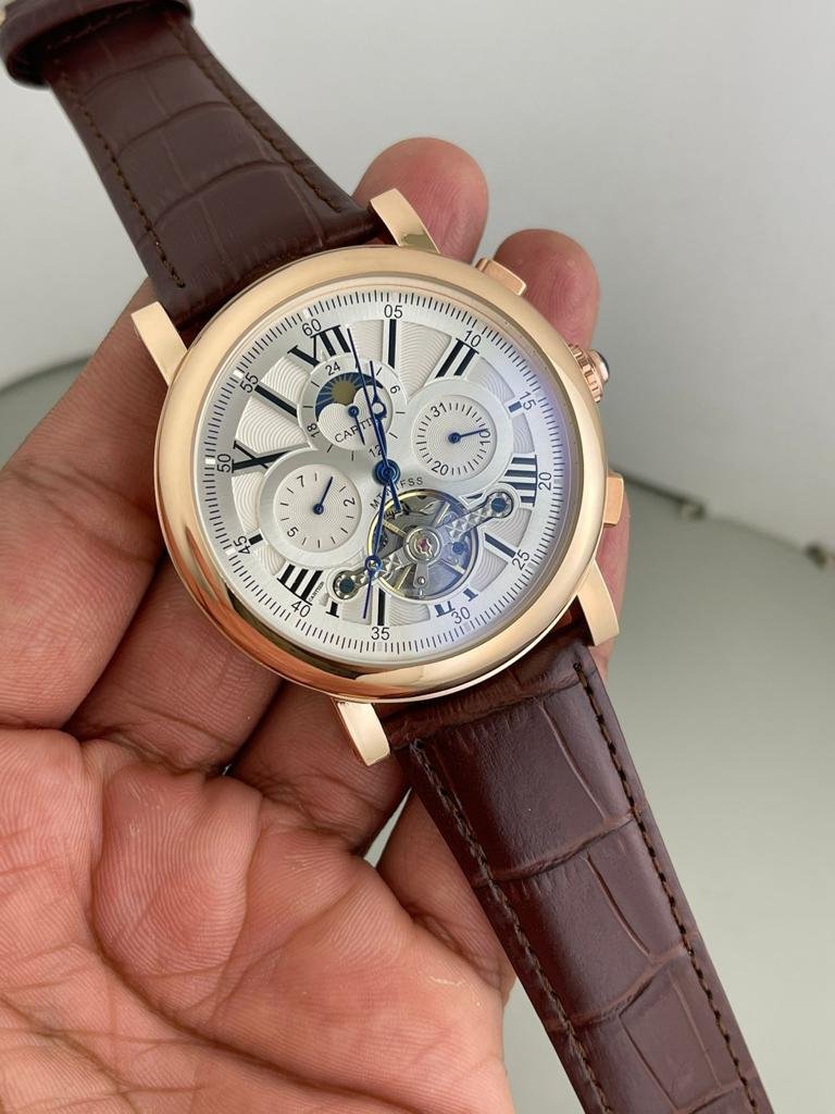 Cartier Watch : Men's Cartier Leather Luxury Watch Automatic Moon Watch - Chrono Working (Best Quality 3)