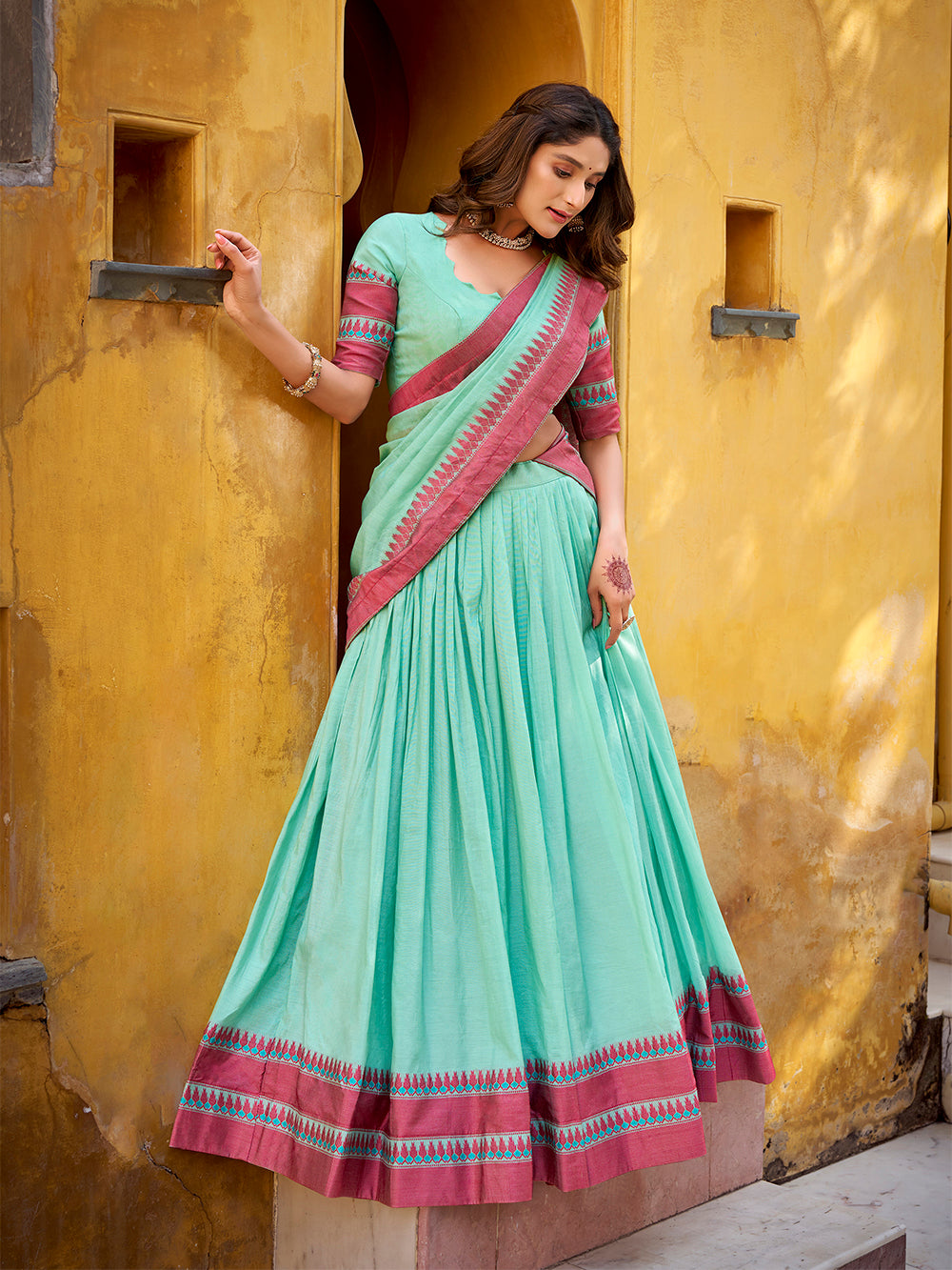 Sky blue color thread work with chanderi lehenga
