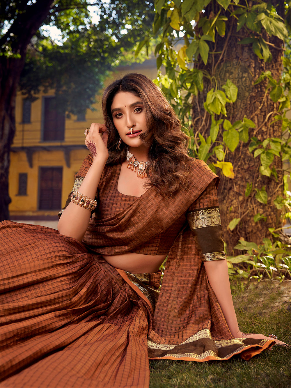Rust orange color chex with zari weaving work chettinad cotton lehenga choli