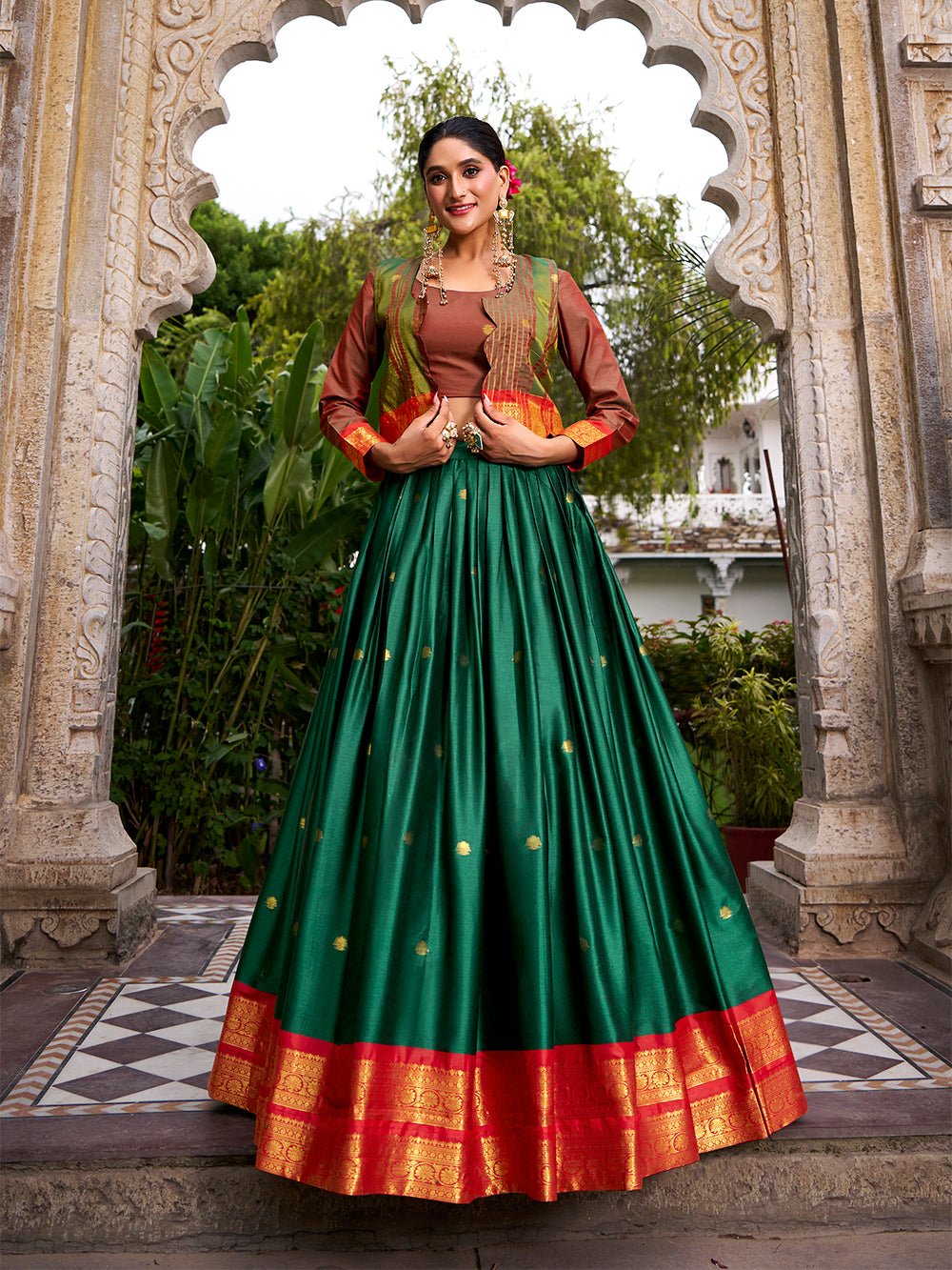 Green color zari weaving work poly cotton lehenga choli